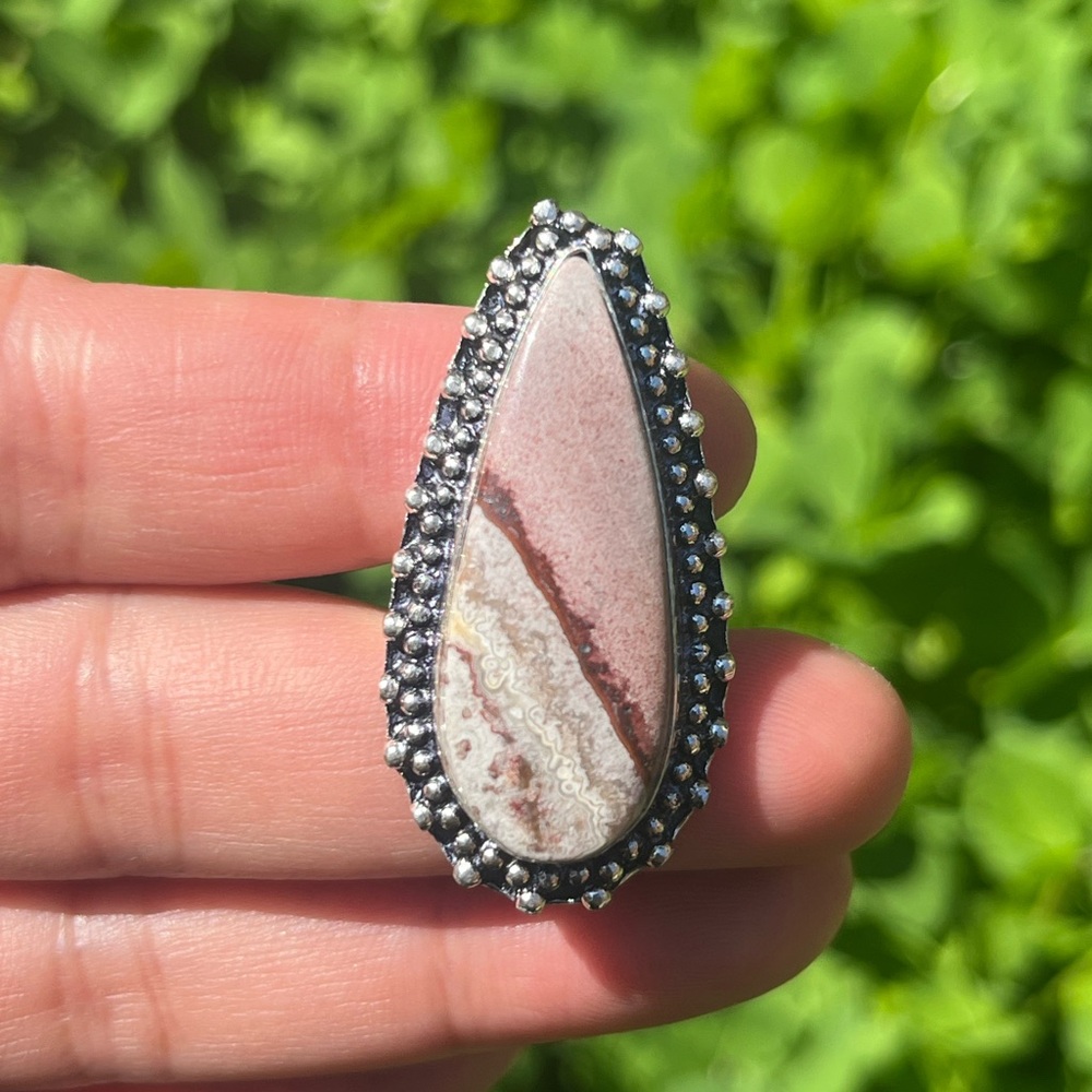SIZE 5.5 silver plated pink ocean‎ jasper ring 2412